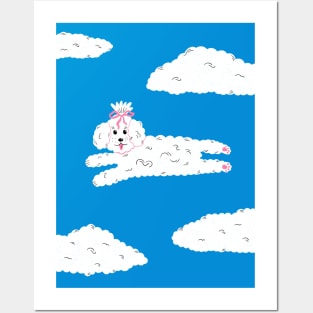 Cute maltipoo coquette dog with bow in clouds illustration, dog lover art Posters and Art